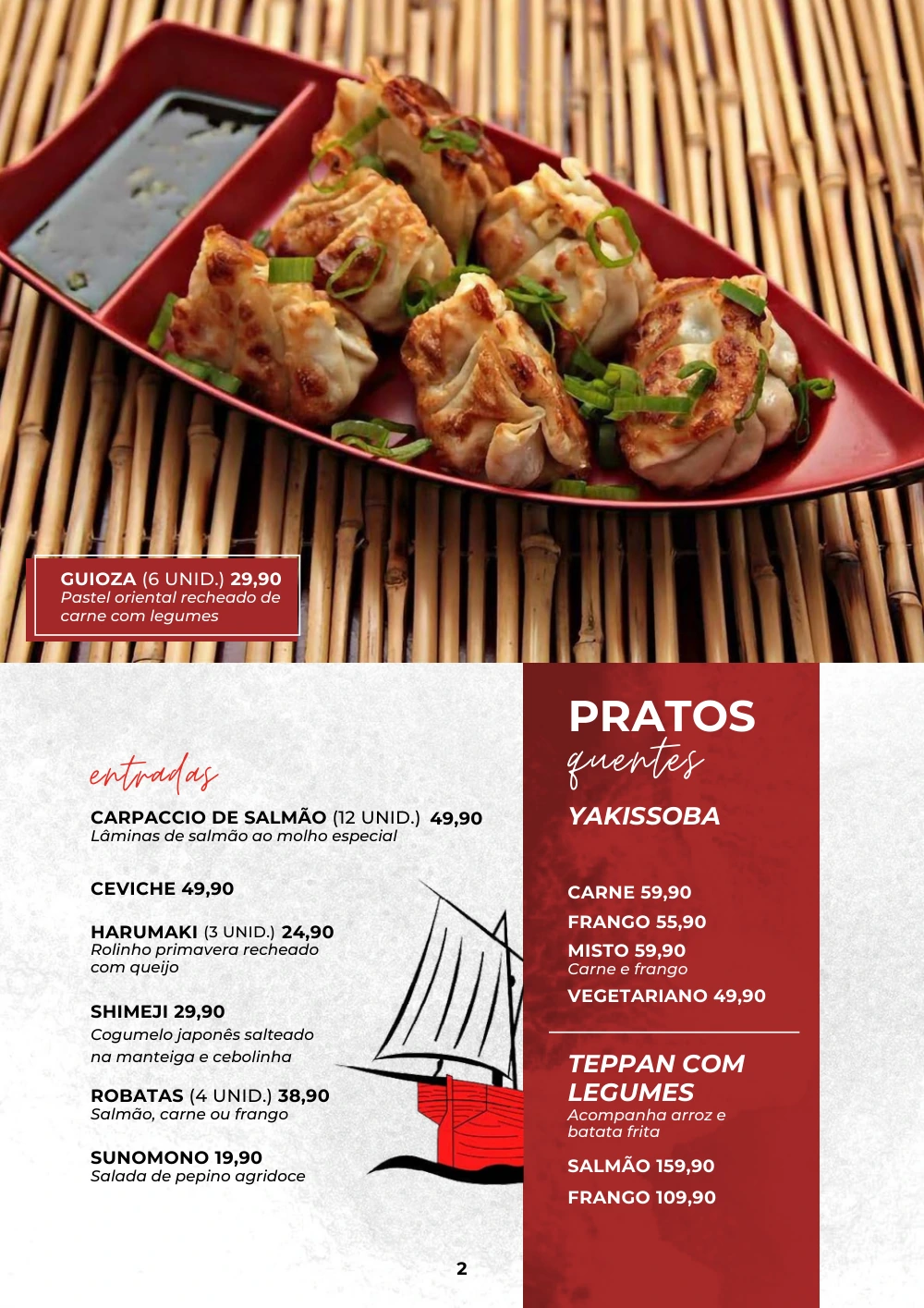 Página 1 do cardápio Sushi: Entradas e pratos quentes. Para consultar o texto do documento, abra o PDF original.